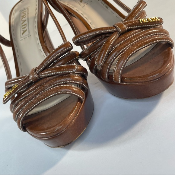 Prada Brown Leather Heeled Sling back Strappy Platform Sandals with bow 38 - Picture 3 of 13